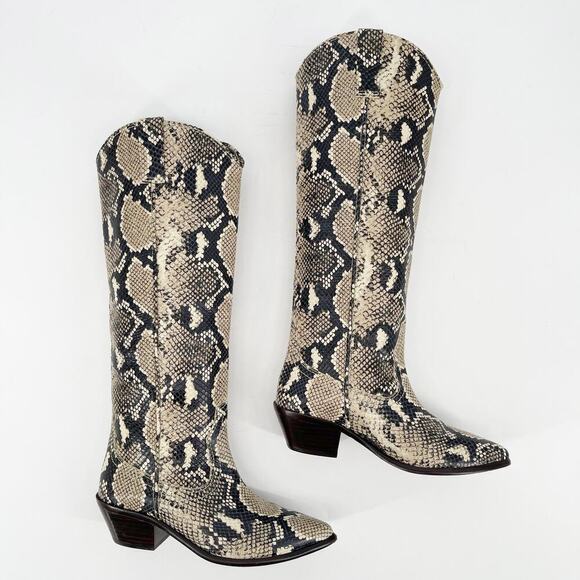Loeffler Randall Dylan Tall Sand Snakeskin Embossed Block Heel Western Boot sz 6 - Picture 3 of 11